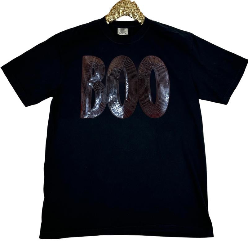 Black Sequin Boo Patch Comfort Colors T-Shirt Hoodie, Sweatshirt | InkThreadWorks.com