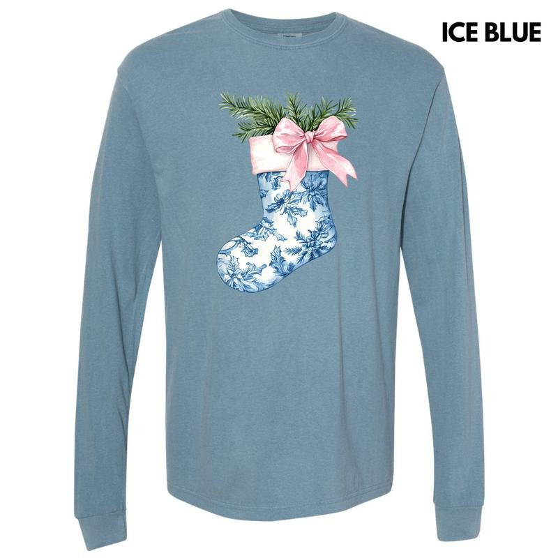 Blue Floral Stocking Long Sleeve Comfort Colors T-Shirt 'NLB' Hoodie, Sweatshirt | InkThreadWorks.com