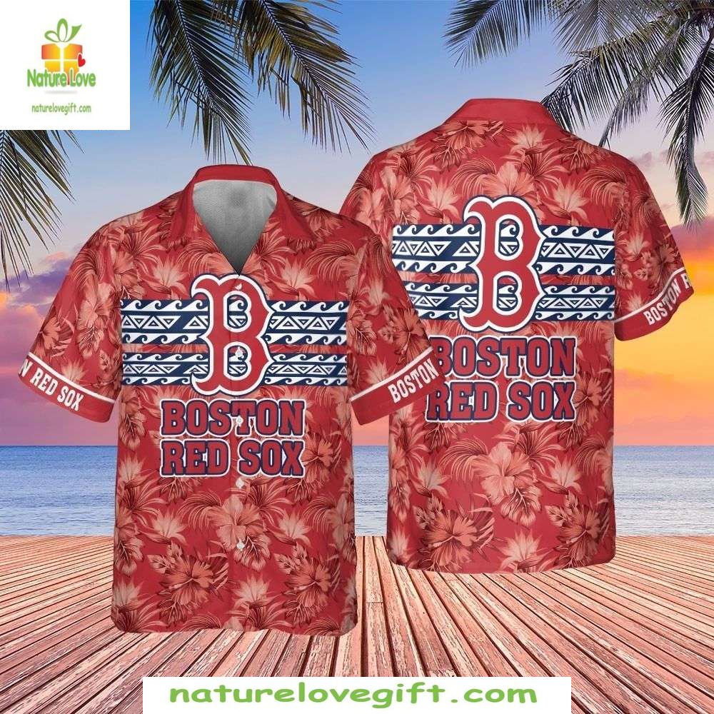 Boston Red Sox Hawaiian Shirt Hibiscus Team Badge MLB Baseball Apparel