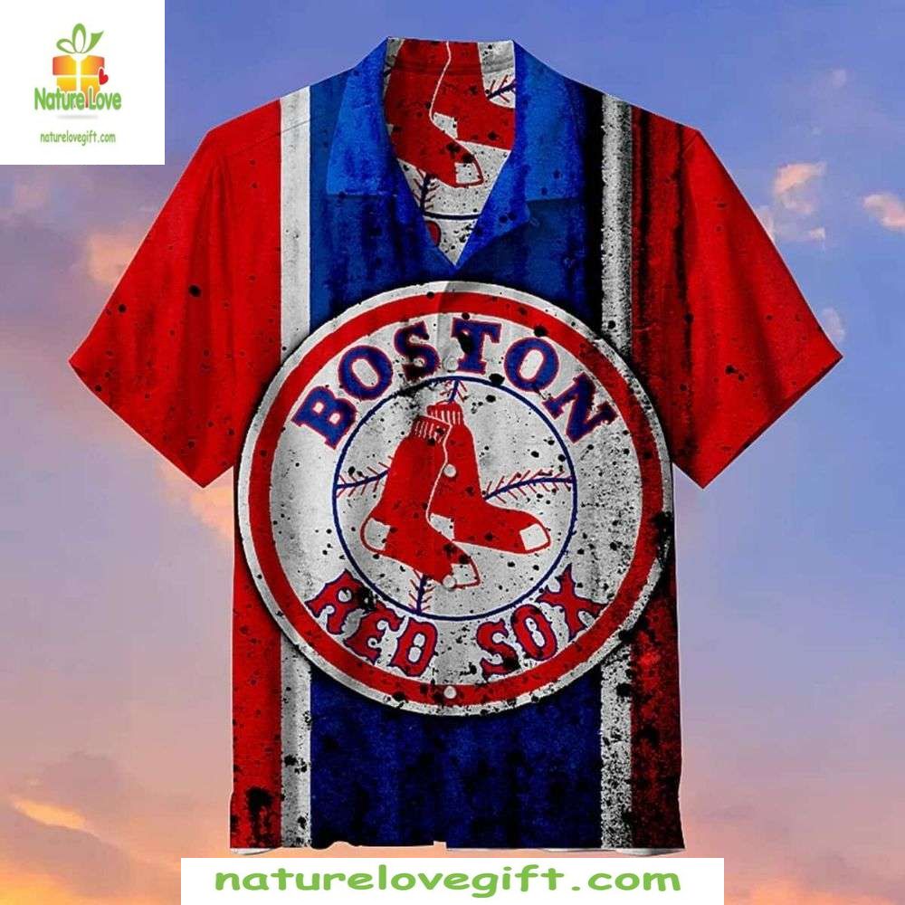 Boston Red Sox Hawaiian Shirt Patriotic Stripe Circle Logo MLB Baseball Apparel