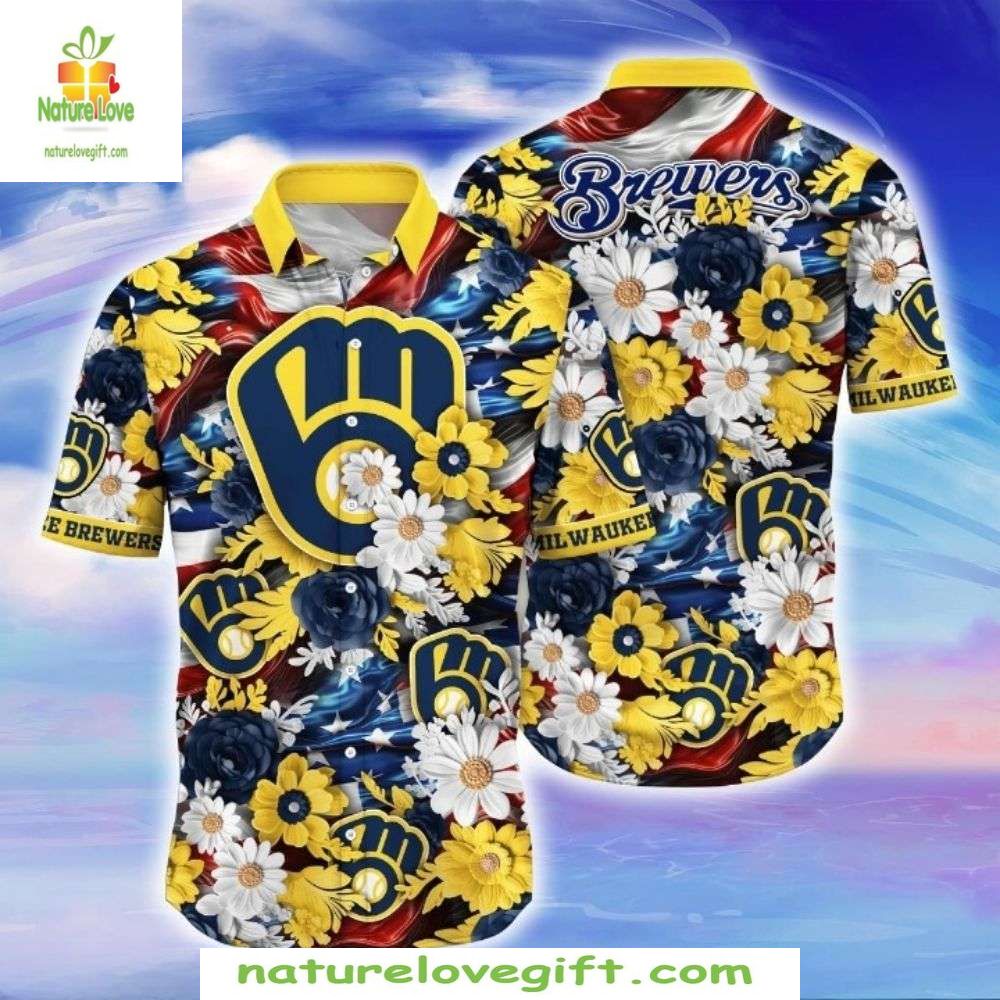 Milwaukee Brewers Hawaiian Shirt Navy Yellow Floral Baseball Apparel