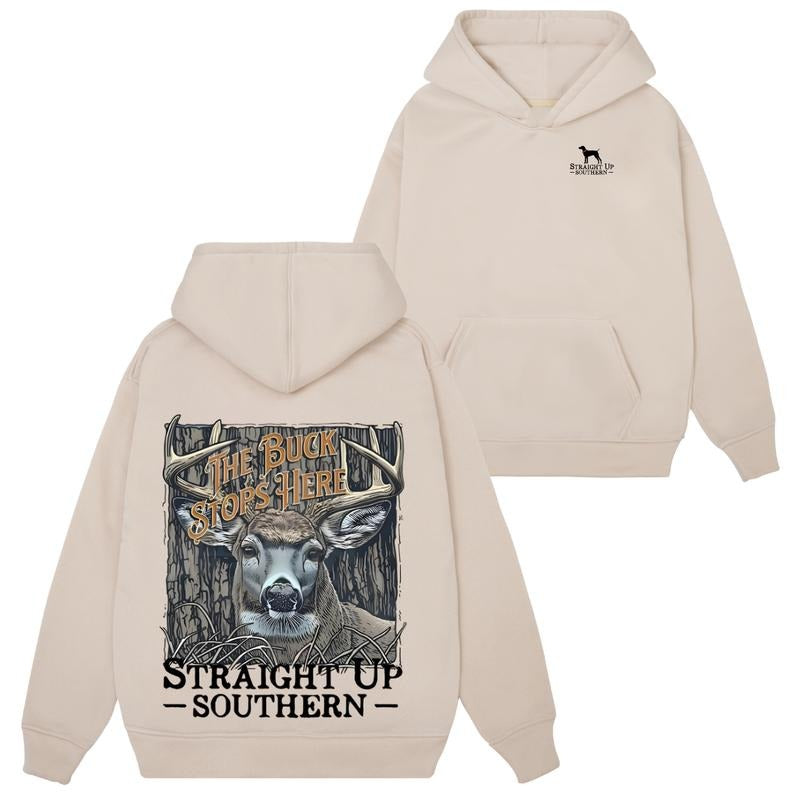 Buck Stops here Deer Sweatshirt Hoodie Tshirt- Rustic Vintage Wilderness Graphic - Outdoors for Hunters, Southern boy Shirt Long Sleeve Pullover Casual Sweaters Menswear