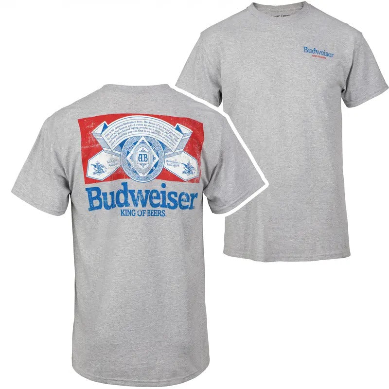 Budweiser Distressed Logo Front and Back Print T-Shirt Hoodie, Sweatshirt | InkThreadWorks.com