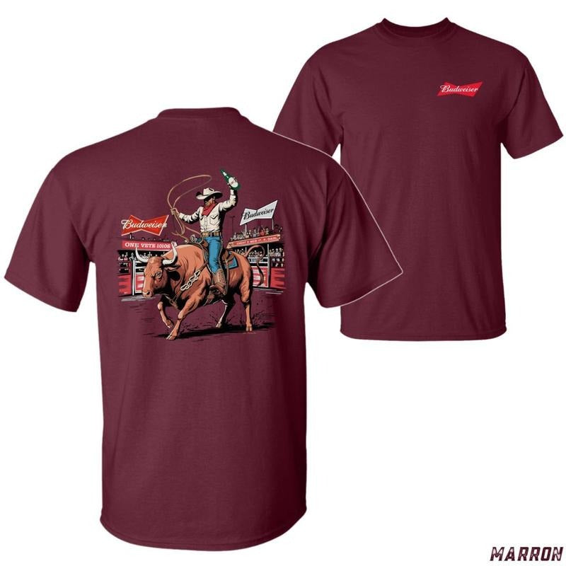 Budweiser Rodeo T-shirt - Fun Cowboy Rodeo Design With Bold Graphics Tiktok Shop Store Perfect For Rodeo Lovers And Beer Enthusiasts Comfortable Unisex Tee For Casual Wear