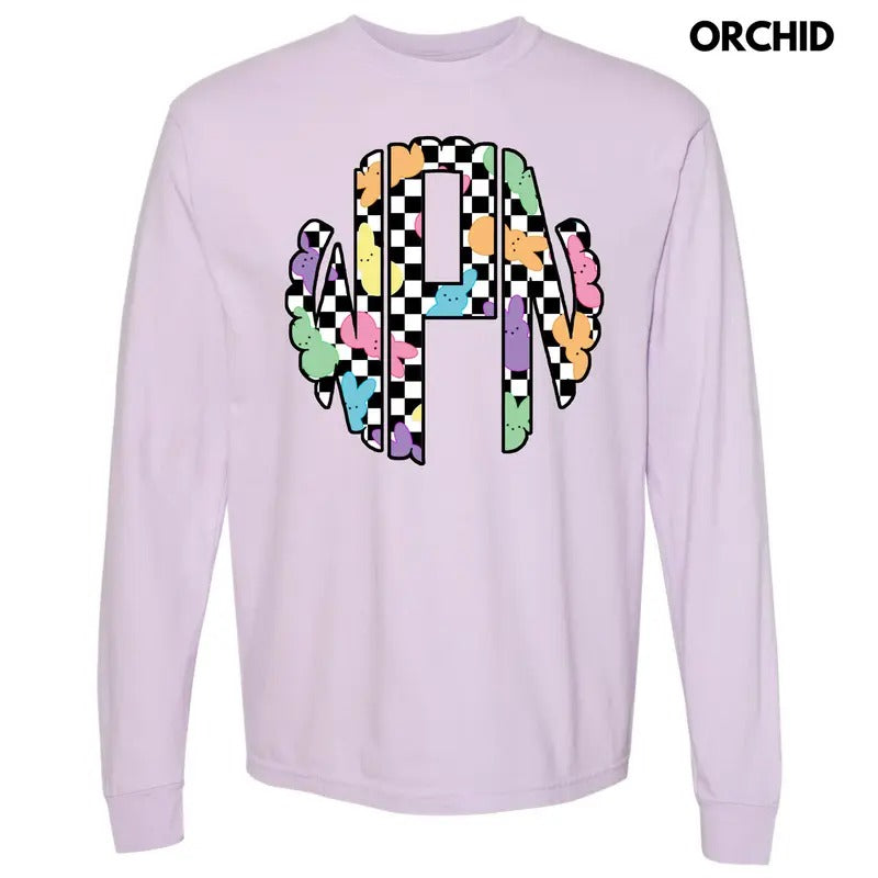 Bunny Checkered Monogram Long Sleeve Comfort Colors T-Shirt 'NLB' Hoodie, Sweatshirt | InkThreadWorks.com
