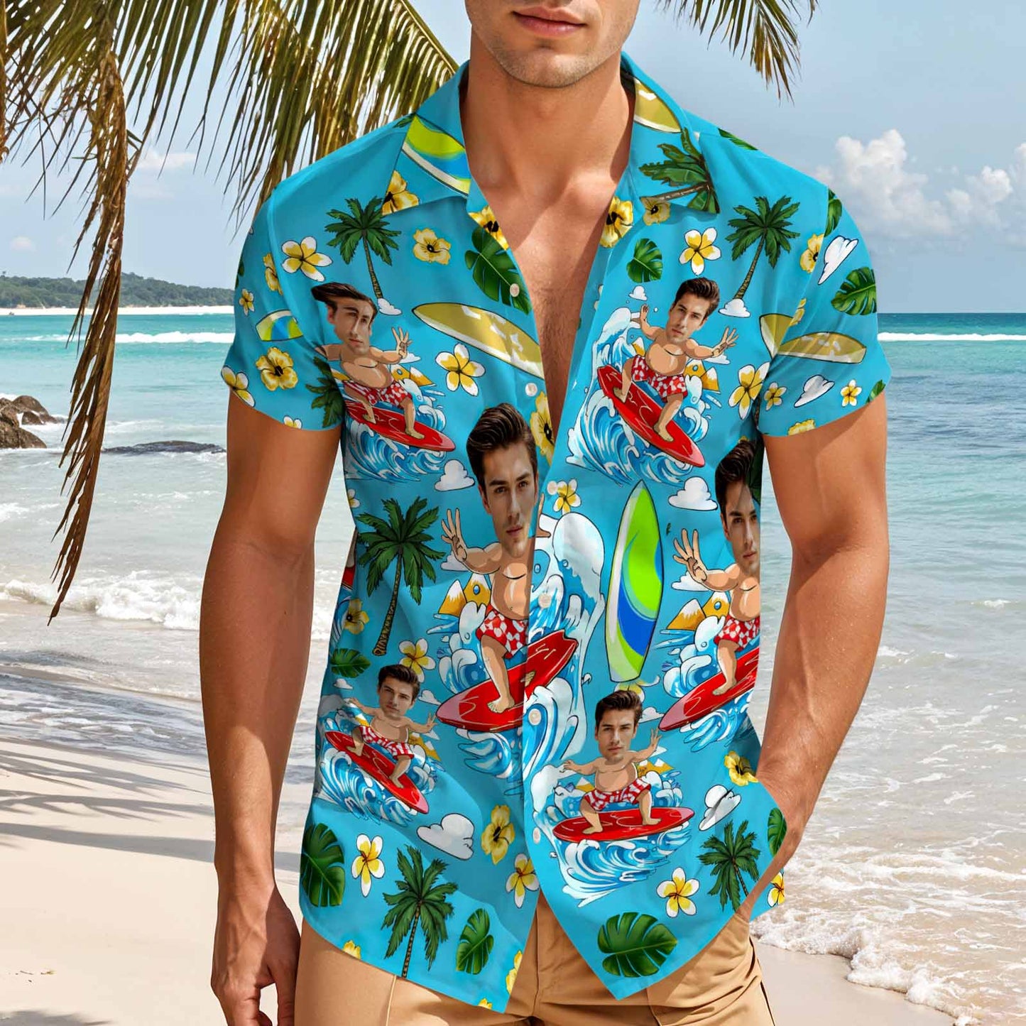 Custom Blue Hawaiian Shirt Personalized Photo Beach Surf Shirt Face Shirt