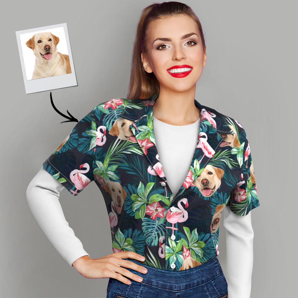 Custom Hawaiian Shirt with Face Custom Dog Face Shirt Leaves & Flamingo Hawaiian Shirts