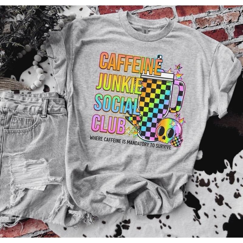 Caffeine Junkie Social Club Bleached Shirt - Comfy Unisex Jersey Shirt - Bleached Graphic Tee Design, Random Bleaching, True-to-Size Fit, 35% Cotton 65% Poly - Fabric