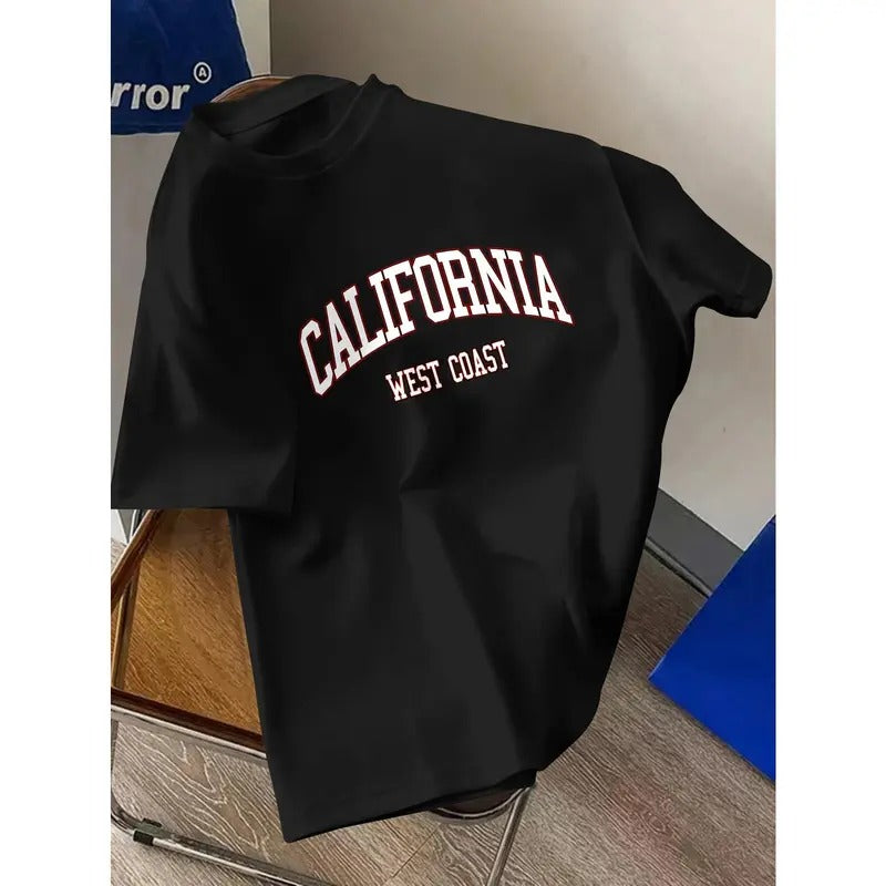 California Graphic Print Men's Creative Top, Casual Short Sleeve Round Neck T-shirt, Men's Outdoor Apparel for Summer and Spring Menswear Embroidered