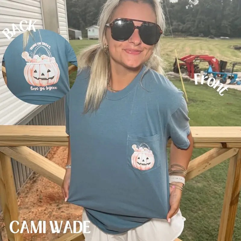 Cami Wade - Halloween Candy Bucket Pocket Tee - Comfort Colors Hoodie, Sweatshirt | InkThreadWorks.com