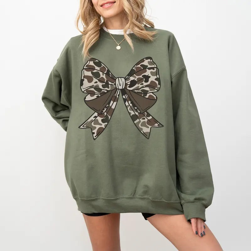Camo Bow Sweatshirt, Camo Coquette Bow Shirt, Women's Camouflage Bow Shirt, Duck Hunting Tee Hoodie | InkThreadWorks.com