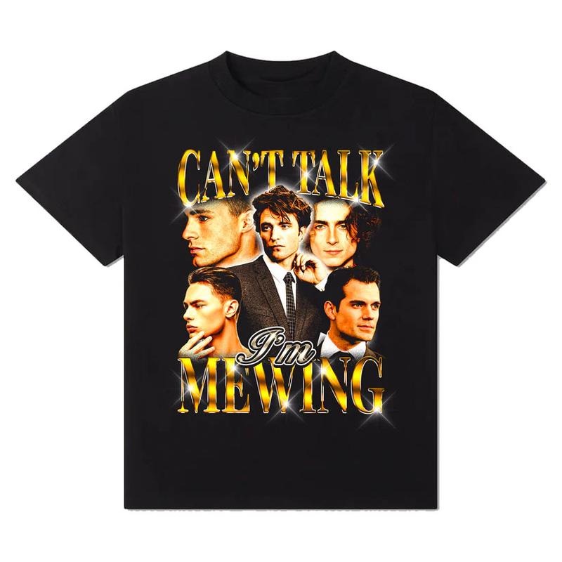 Can't Talk I'm Mewing T-Shirt! Cotton Casual Crew Neck Slim-fitting Plain Floral Striped Black Menswear Soft 3000 BC...