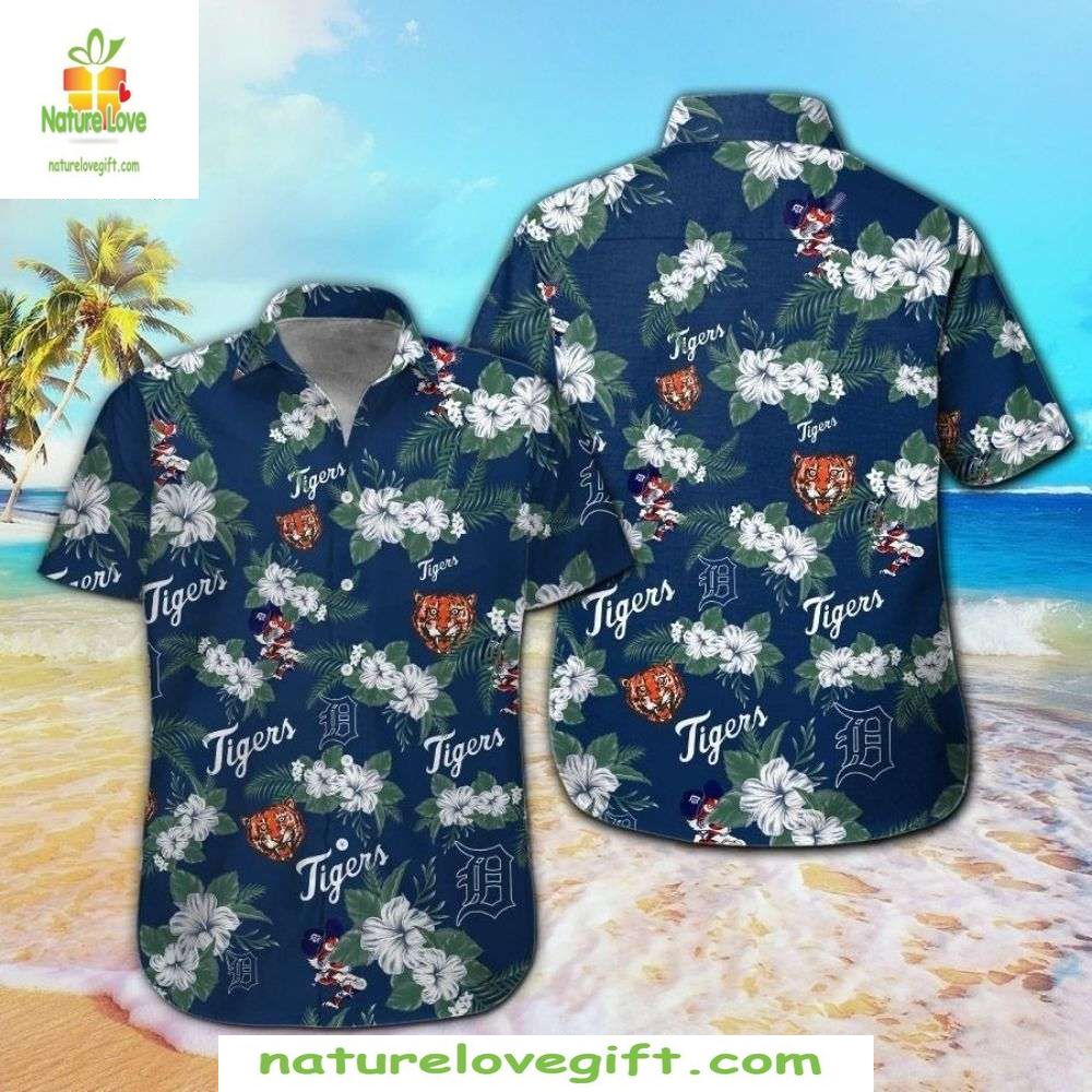 MLB Detroit Tigers Hawaiian Shirt Navy Tiger Floral Print Baseball Apparel