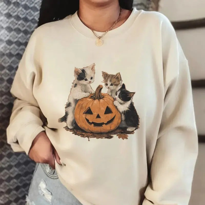 Cat Halloween Sweatshirt, Retro Halloween, Spooky Season Sweater, Pumpkin Sweatshirt, Cat Lover, Black Cat, Spooky...