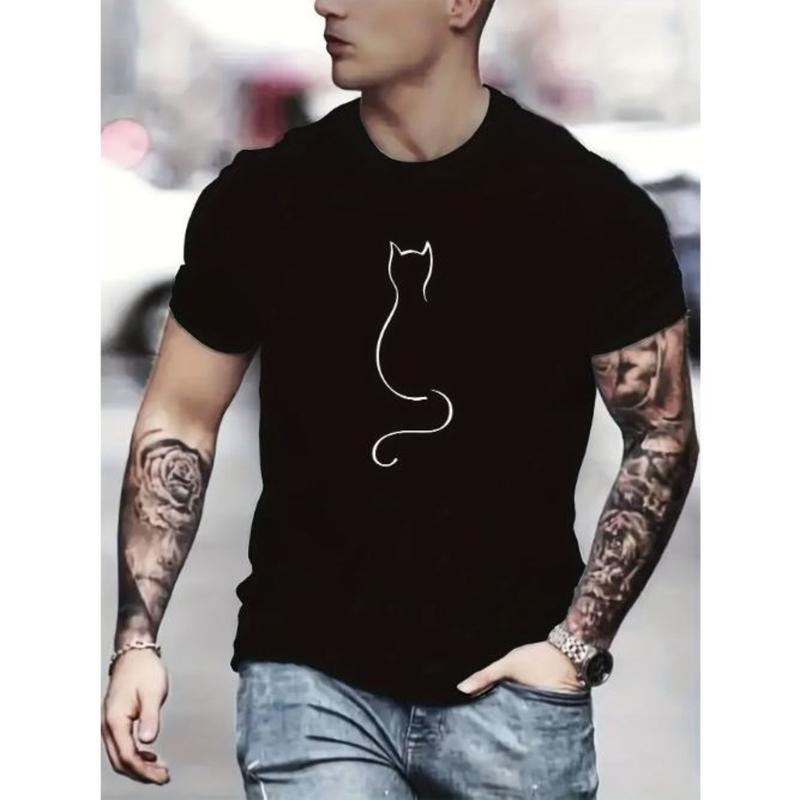 Cat Lovers Delight - Unique Cat-Themed Simple Line Pattern Mens T-Shirt for Hot Summer Outdoor Activities - Comfortable Casual Wear, Ideal Gift for Men Made in USA
