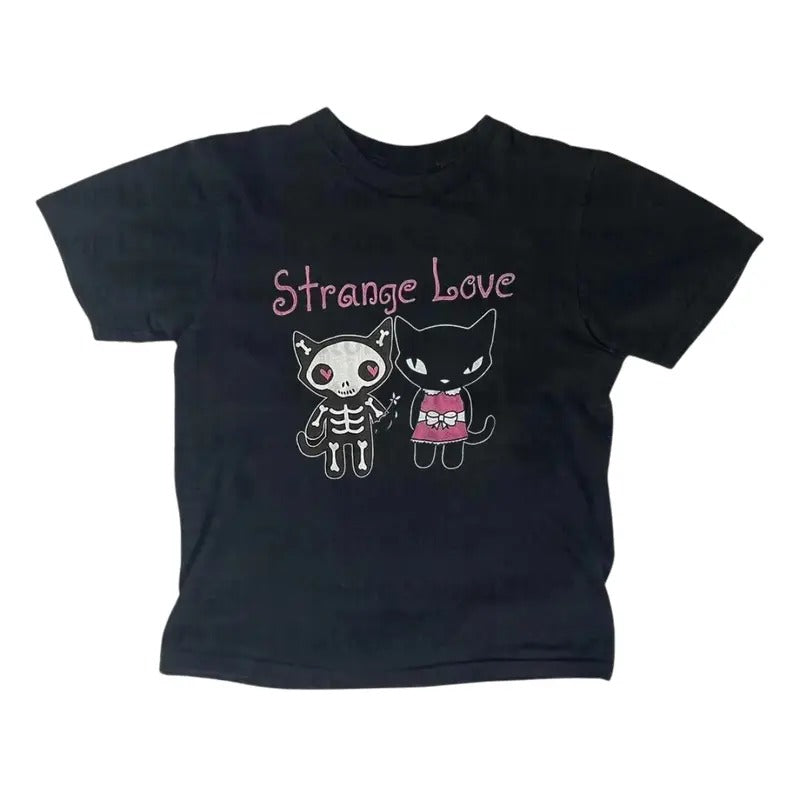 Cat Strange Love Baby Tee, Vintage Casual Short Sleeve, Y2k Clothes Punk, Cat Graphic Tees, Retro Women's T-Shirt, Grunge 2000s, Cat Lover Gift, Gift For Girlfriend Cotton Womenswear