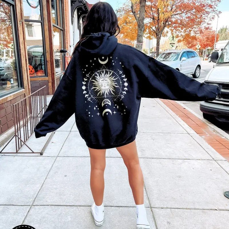 Celestial Boho Sun & Moon Phase Hoodie, Back Print Whimsigoth Sweatshirt, Spiritual Hoodie T-Shirts | InkThreadWorks.com