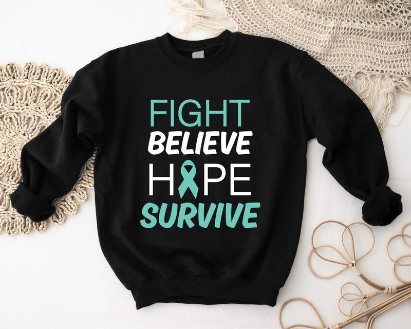 Cervical Cancer Awareness Sweatshirt, Fight Believe Hope Survive Hoodie, Teal Ribbon Sweater, Cervical Support Sweatshirt...