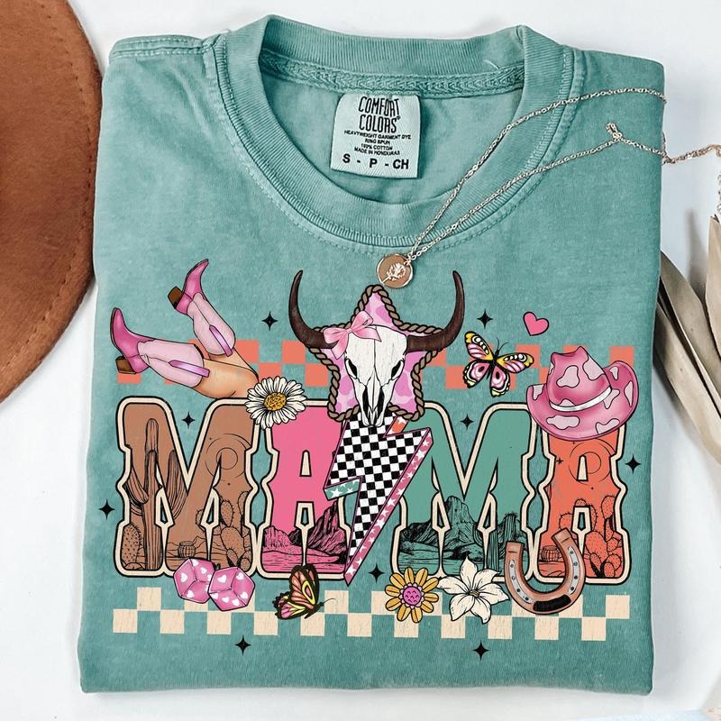 Checkered Howdy Mama T- Shirt, Western Mama T- Shirt, Cowhide Mama T- Shirt, Western Mom T- Shirt Comfort Colors Hoodie,...