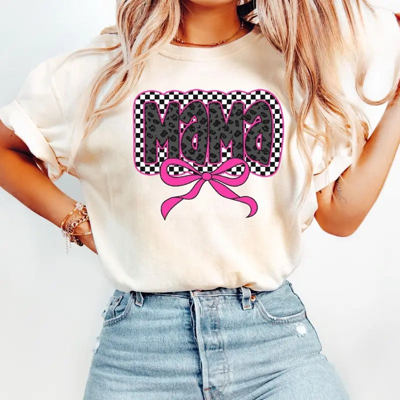 Checkered Mama Shirt, Coquette Mama Bow T-Shirt, Mama Shirt, Mother's Day Gift, Mama Gift, Gift for Mom Top Womenwear...