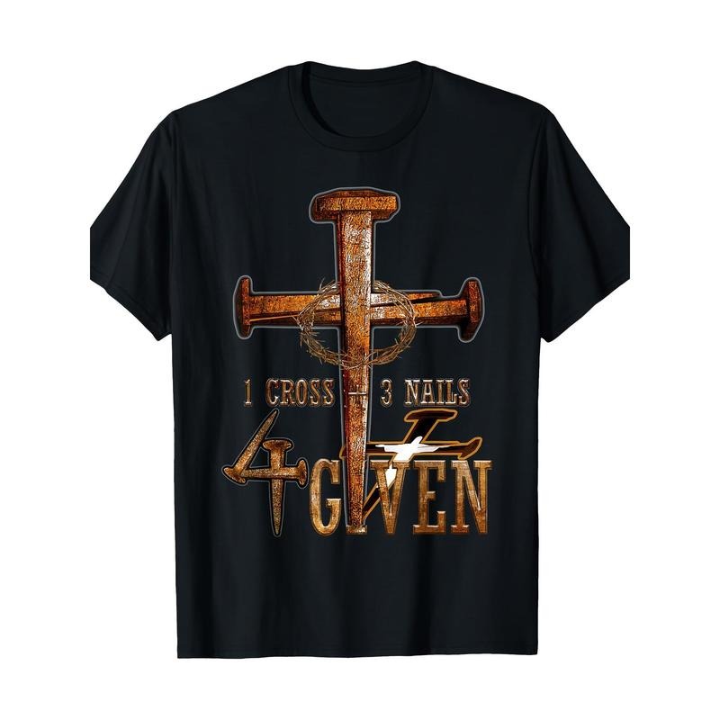 Christian 1 Cross 3 Nails 4 Bestowing Christ Graphic T-Shirt, 100% Cotton Crew Neck Casual Tee, All-Season Short Sleeve Knit Fabric Top with Heat Transfer Print for Adults - Regular Fit Made in USA