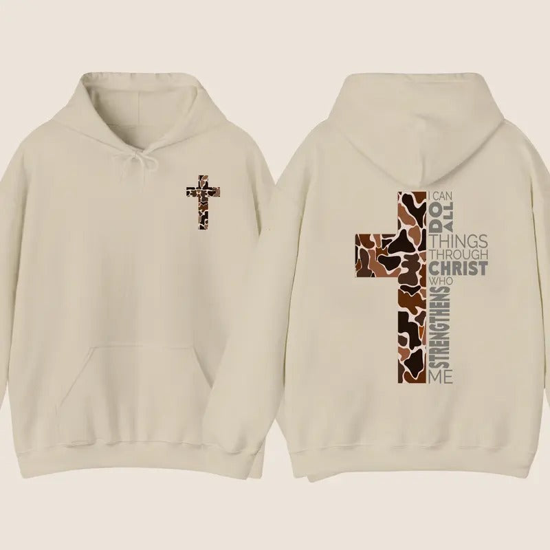 Christian Hoodie - Camo Cross Design with Philippians 4:13 Verse for Men, Women, and Children - Menswear, Classic Embroidered Love