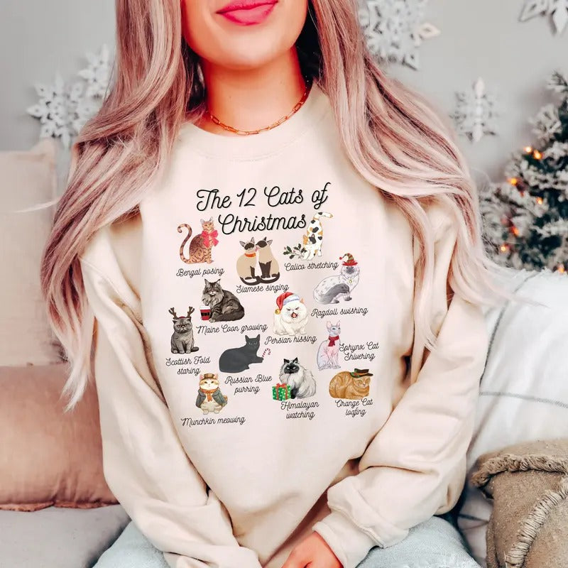 Christmas Cat Sweatshirt,12 Cats of Christmas,Meowy Christmas,Cat Sweater,Cat Lover Gift,Cozy Holiday Sweatshirt,...