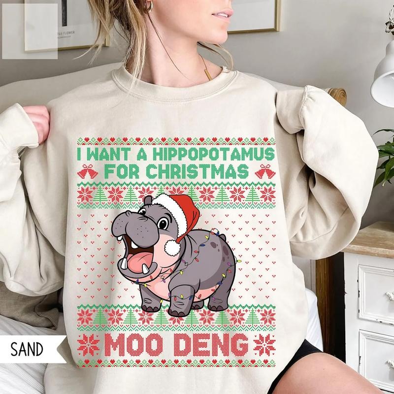 Christmas Moo Deng Sweatshirt, I Want A Hippopotamus For Christmas T-Shirt, Hippo Ugly Christmas Sweater, Moo Deng Xmas...