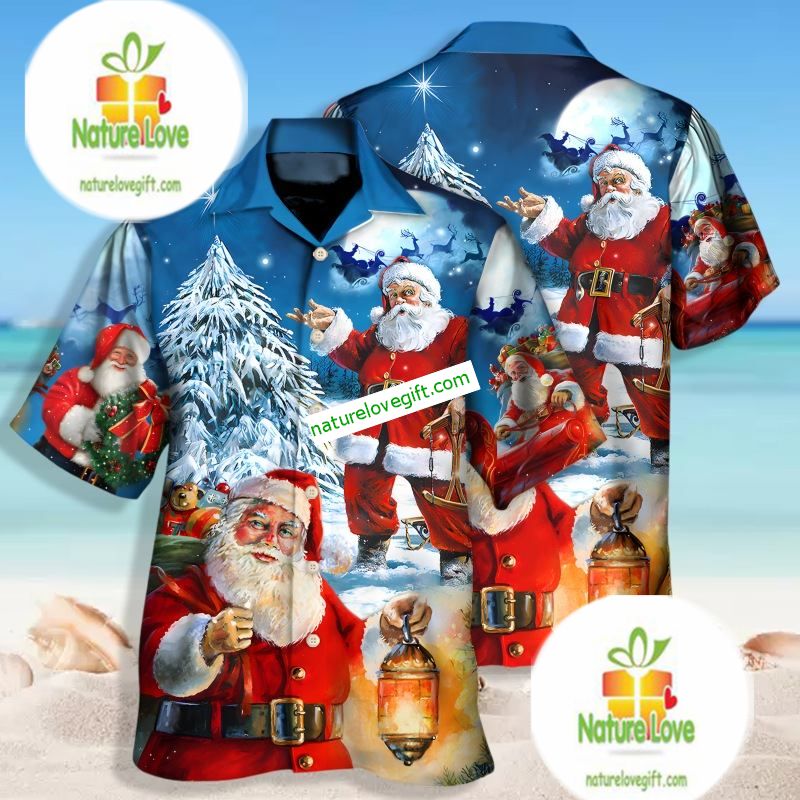 Christmas Night And Santa Claus Blue Plus Size Hawaiian Shirt