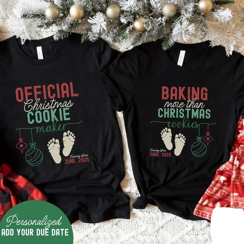 Christmas Pregnancy Announcement Shirt Couple, Baking More than Cookies Personalized Holiday Pregnancy Reveal, Funny Pregnancy Reveal T-Shirt