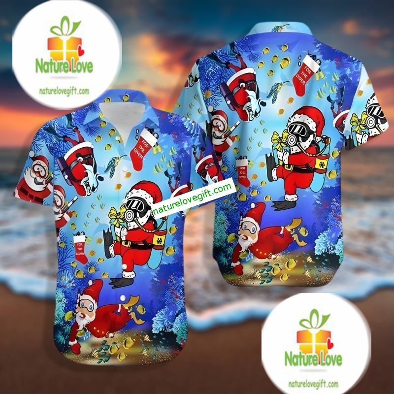 Christmas Santa Claus Diver In Ocean Blue Retro Hawaiian Shirts