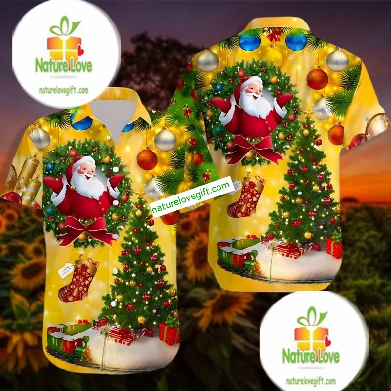 Christmas Wreath Bell Santa Claus Xmas Tree Yellow Hawaiian Shirt Print