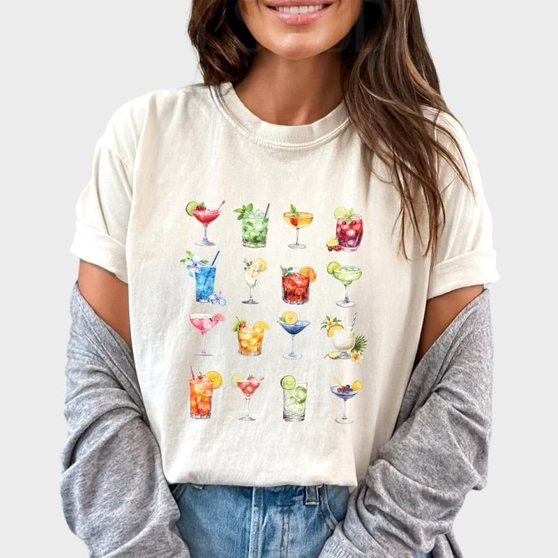 Cocktail Lover Shirt, Cute Cocktail Crewneck Shirt, Holiday Season Printed T-shirt, Drinking Summer Cotton Fabric Outfit,...