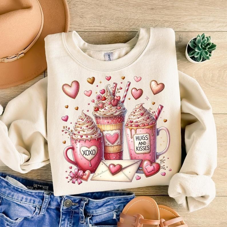Coffee Valentine Valentines Day, XOXO Hugs and Kisses Sweatshirt, Valentine Graphics, Coffee Lover , Coffee