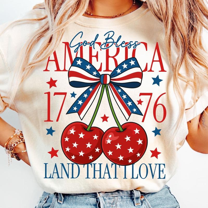 Comfort Colors Coquette America Cherries T-Shirt, July 4th T-Shirt, Girly 4th of July Shirt, Cherry Bow TShirt, Preppy...