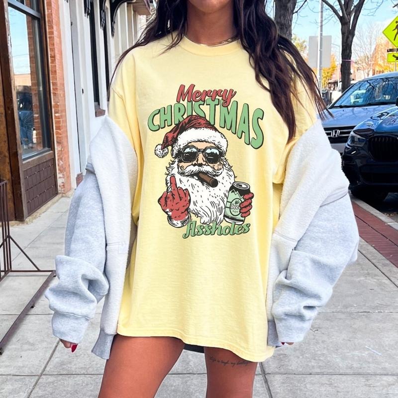 Comfort Colors Merry Christmas AHoles Women's Short Sleeve Graphic T-Shirt - Casual Cotton Top - Womenswear