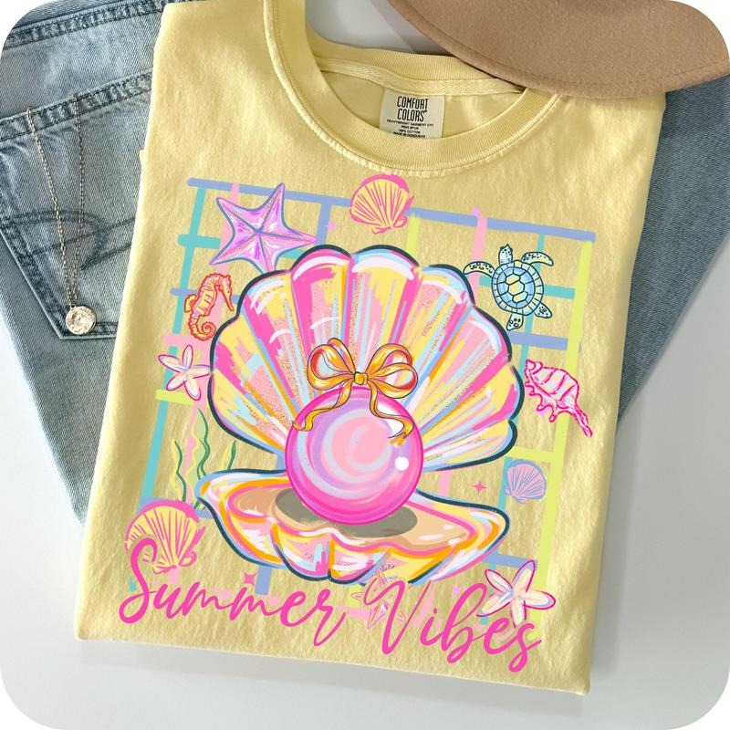 Comfort Colors Pearl Seashell Clam Bow T-Shirt, Summer Vibes Shirt, Coquette Pearl Bow T-Shirt, Summer Girly Shirt,...