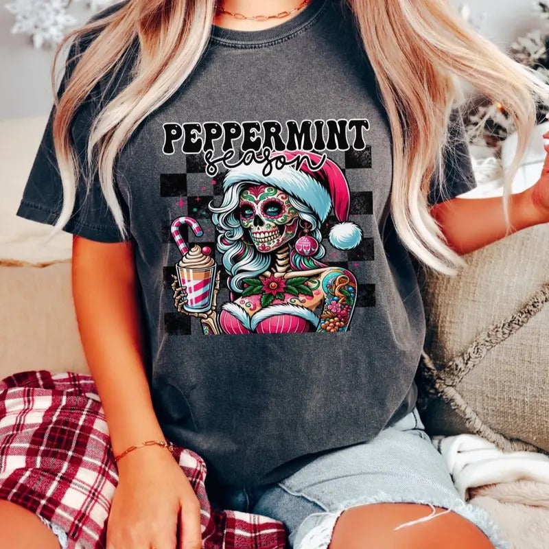 Comfort Colors Peppermint Season Tattooed Skeleton Women's Short Sleeve Graphic T-Shirt - Womenswear, Top