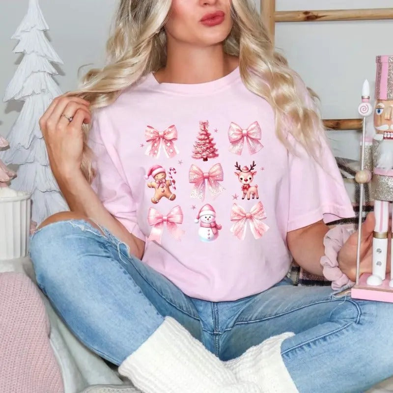 Comfort Colors Pink Christmas Coquette Women's Short Sleeve Cotton Casual Graphic T-Shirt - Top, Womenswear