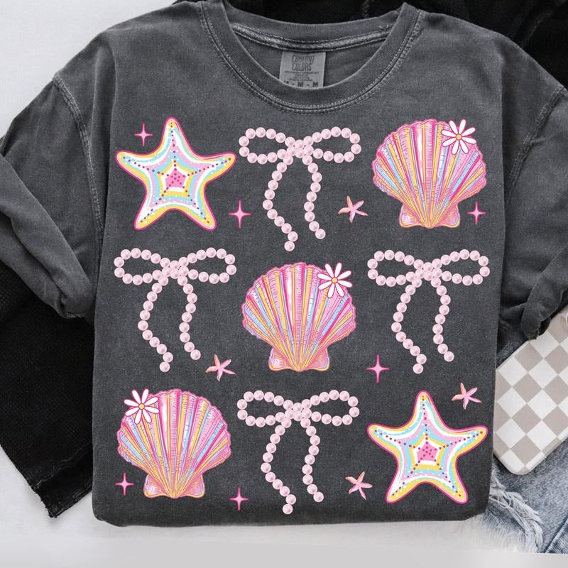 Comfort Colors Summer Clam Coquette T-Shirt, Summer Vibes Pink Clam Shirt, Summer Beach Shirt, Summer Clam Bow T-Shirt...