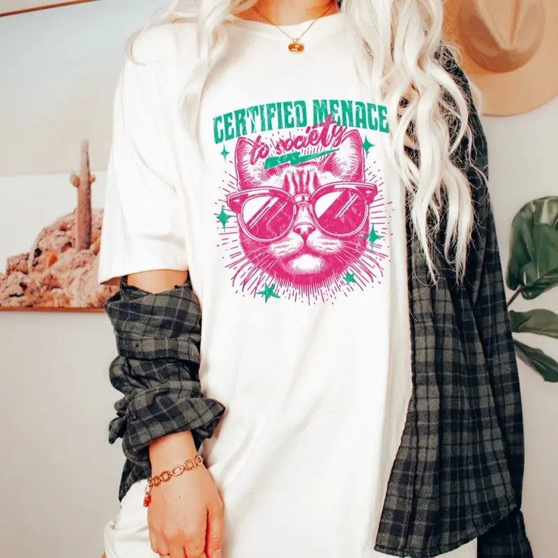 Comfort Colors Women's Certified Menace to Society Short Sleeve Cotton Graphic T-Shirt - Casual Top with Cat Graphic Design - Womenswear