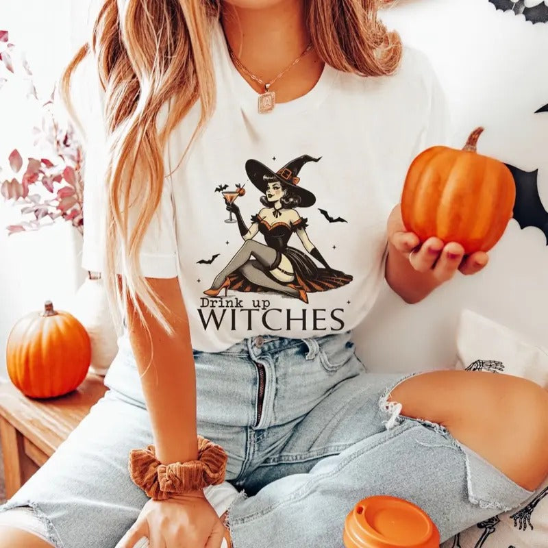 Comfort Colors Women's Short Sleeve Cotton Graphic Tee - Drink Up Witches - Top, Womenswear