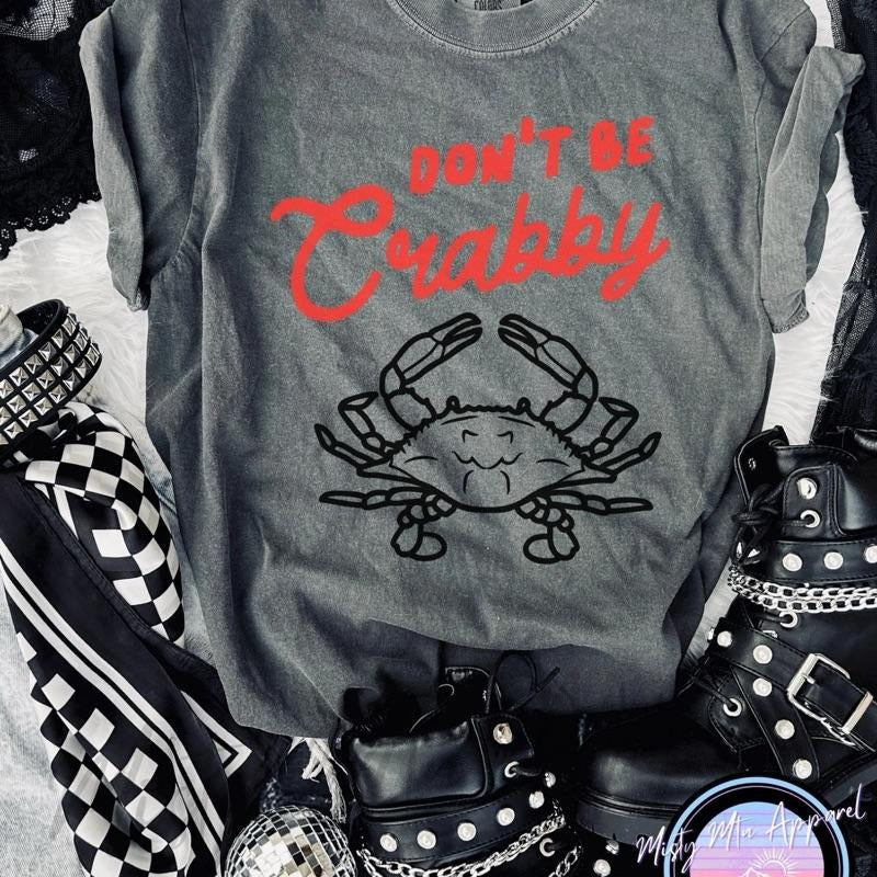 Comfort colors Don't Be Crabby Graphic Tee - Short Sleeve, Crew Neck, Cotton, Loose Fit, Casual, Lightweight, Machine Washable, All Seasons - Fabric