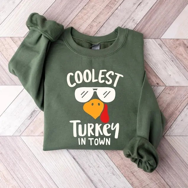 Coolest Turkey In Town Sweatshirt, Funny Turkey Face Shirt, Cool Fall Hoodie, Family Thanksgiving Gift Casual Classic Collar Cotton Jersey Knit