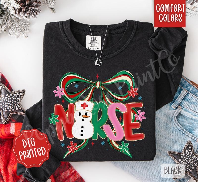 Coquette Christmas Nurse Comfort Colors Long Sleeve T-Shirt, Cute Women's Holiday Tee Hoodie, Sweatshirt | InkThreadWorks.com