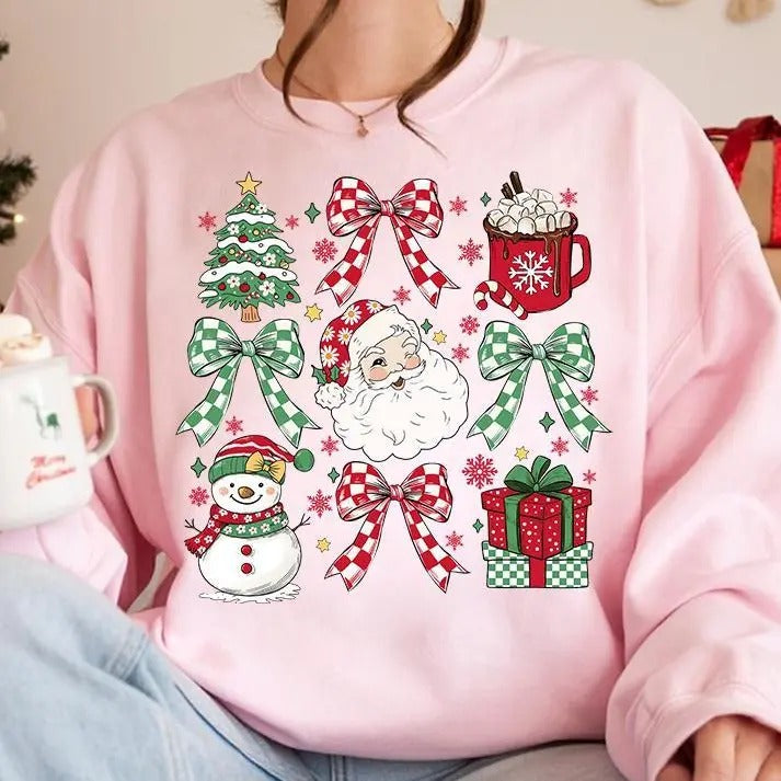 Coquette Christmas Sweatshirt, Christmas trendy 2024 T-Shirt, Retro Holidays, Hot Cocoa, Candy Cane, Santa Coquette Bow...