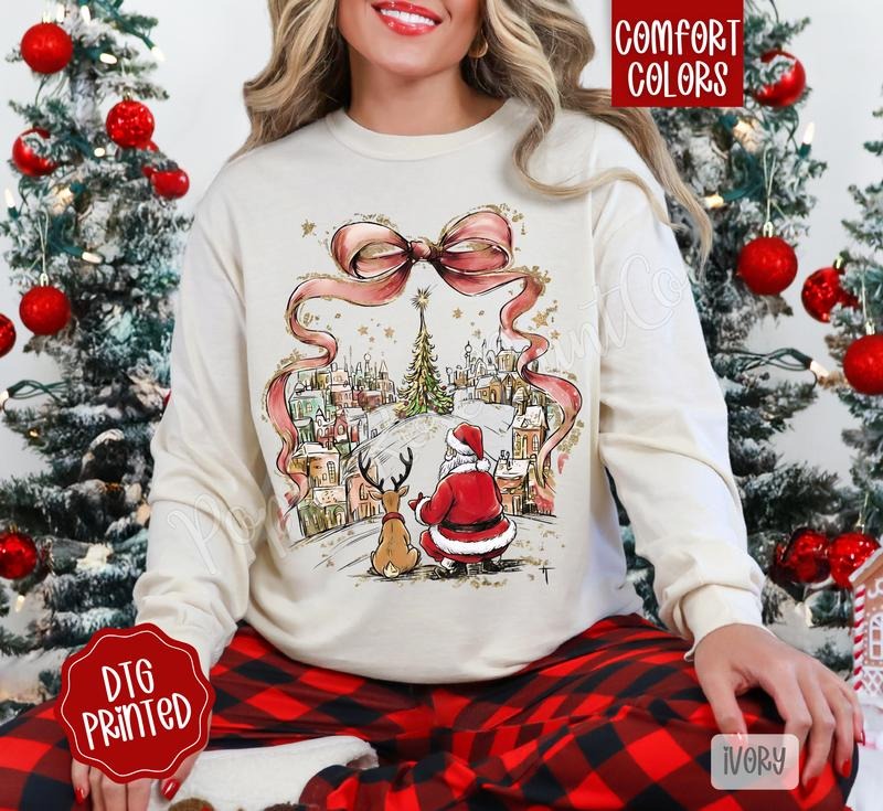 Coquette Christmas Town Comfort Colors Long Sleeve T-Shirt, Cute Women's Holiday Tee Hoodie, Sweatshirt | InkThreadWorks.com
