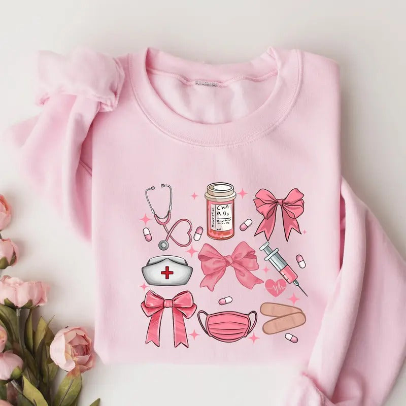 Coquette Nurse Sweatshirt, Pink Bow Nurse Sweatshirt, Girl Nurse Sweater,Softcore Nurse Graduation, Girly Nurse Birthday...