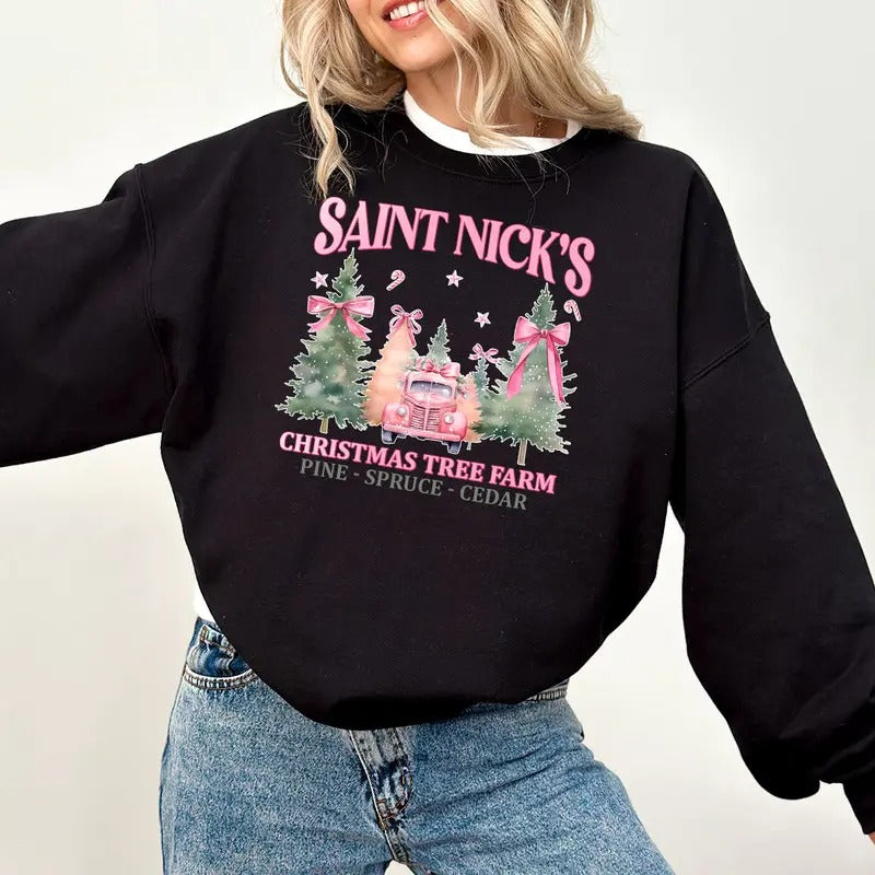 Coquette Pink Christmas Shirt, Saint Nicks Christmas Tree Farm Sweatshirt, Pink Bow Christmas Shirt, Trendy Santa...