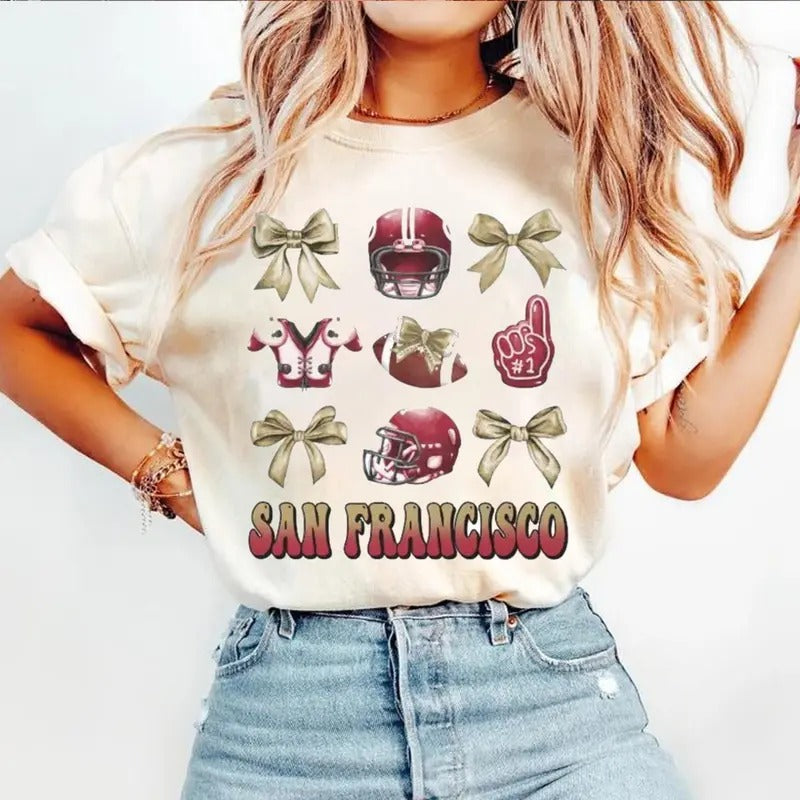 Coquette San Francisco Football Bow Shirt, San Francisco Football T-Shirt, Coquette Gift For Christmas, Football Fan,...